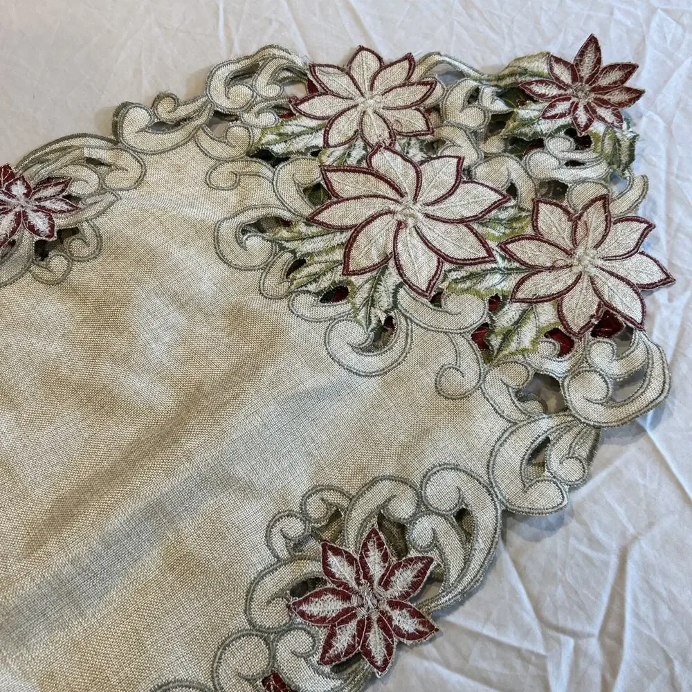Christmas Table Runner 69 x 15 Inch Embroidered Poinsettia Cutwork Holiday Linen